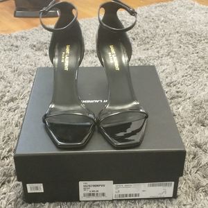 Saint Laurent Black Patent Leather Strap Ankle Sandal, Size 38.5